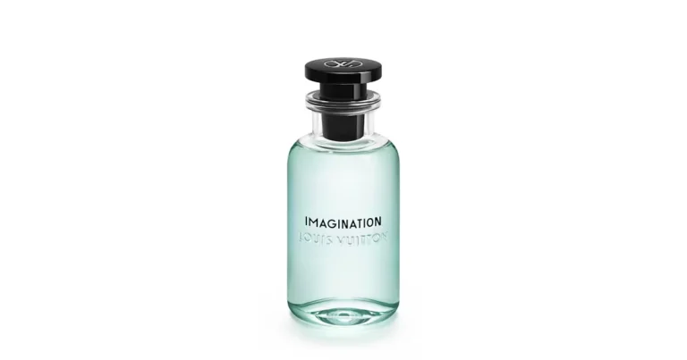 Flacon de parfum Louis Vuitton Imagination contenant un liquide bleu clair.