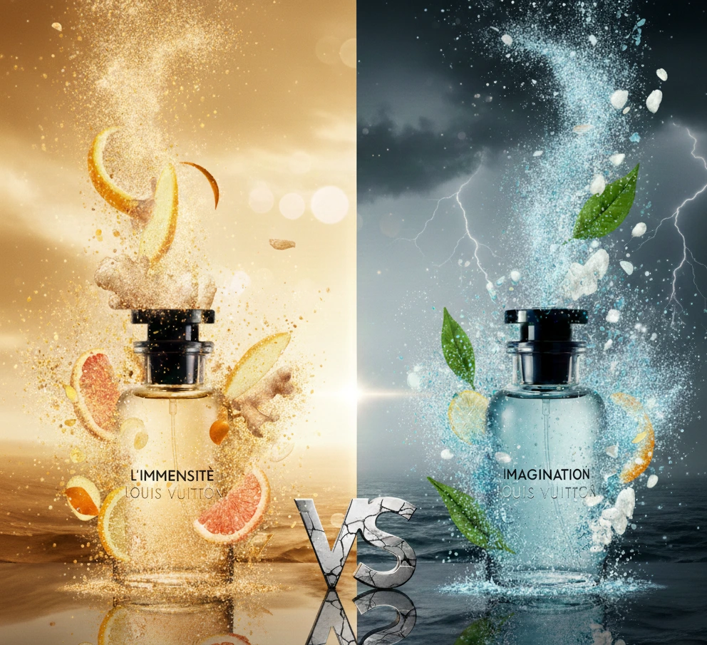 Comparaison entre les parfums Louis Vuitton L'Immensité et Imagination.