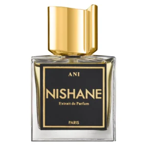 Clear bottle with a gold cap and a black label featuring gold text
