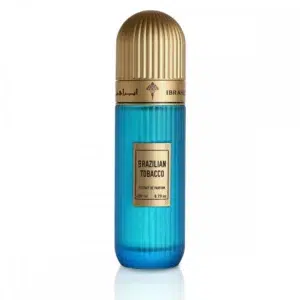 Flacon bleu azur strié du parfum Brazilian Tobacco avec un capuchon doré.