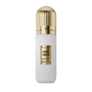 Flacon blanc épuré strié du parfum French Tobacco avec un capuchon doré.
