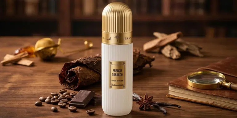 Flacon de parfum French Tobacco entouré de chocolat, café et épices.