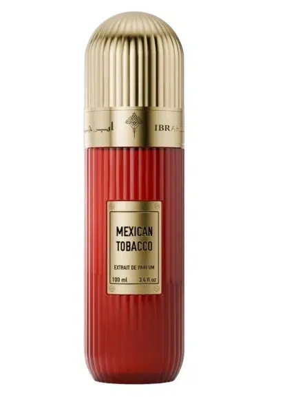 Le flacon de parfum Mexican Tobacco rouge strié avec son élégant bouchon doré.