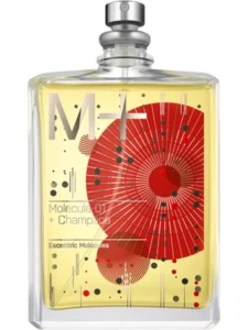 Clear bottle featuring a large red circular motif