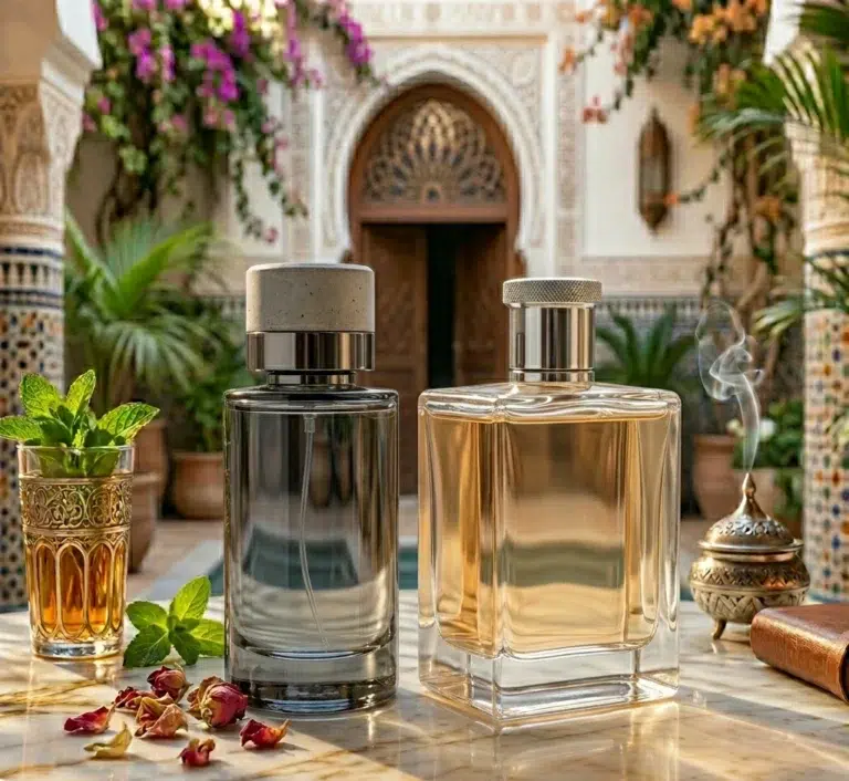 Deux flacons de parfum sur une table marocaine avec thé à la menthe et fleurs.