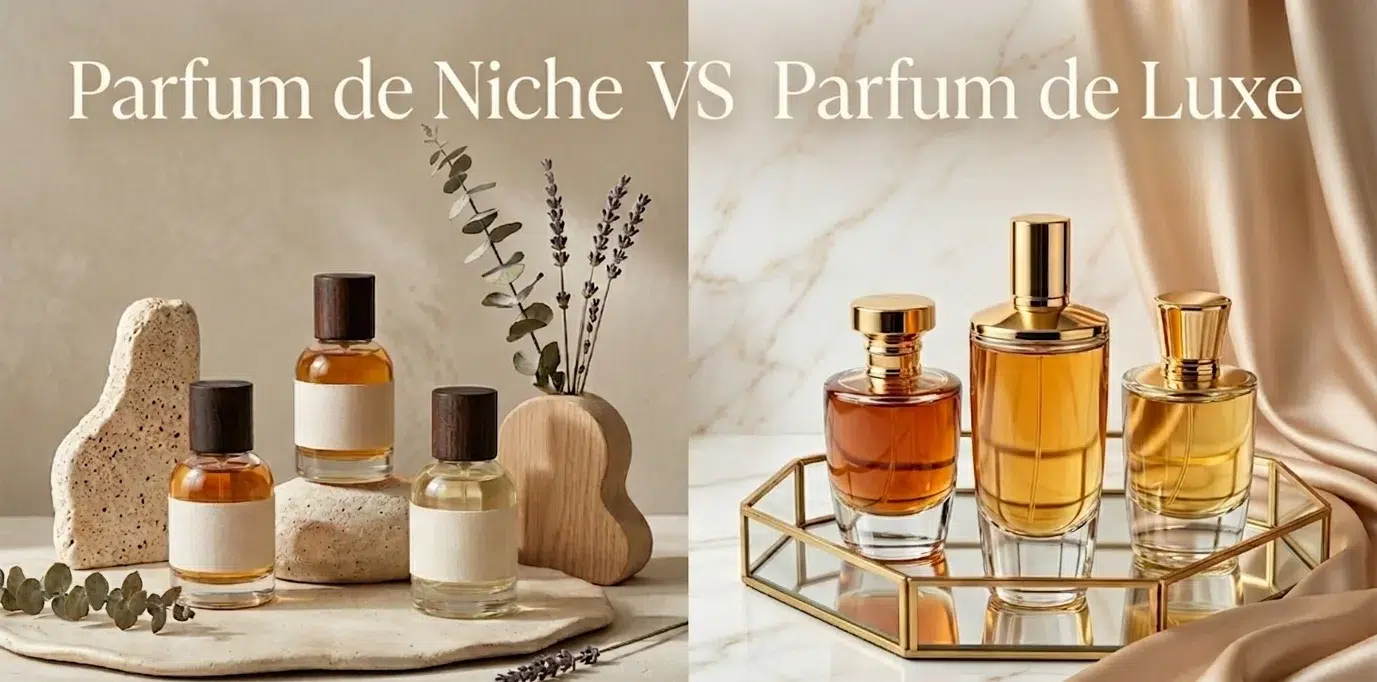 Comparaison flacons parfum de niche vs luxe sur fond élégant.