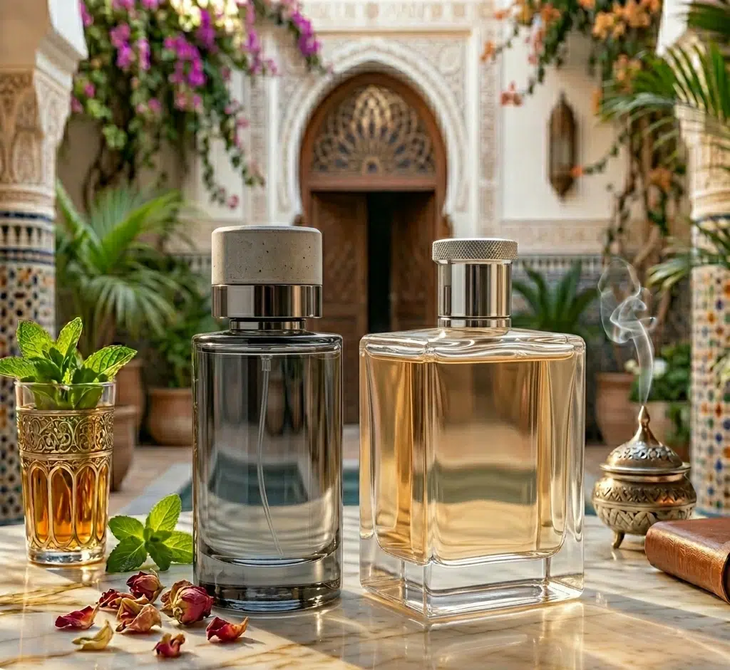 Deux flacons de parfum sur une table marocaine avec thé à la menthe et fleurs.
