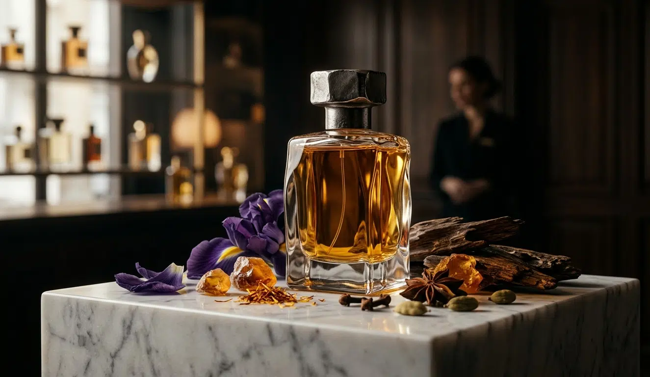 Un flacon de parfum luxueux entouré d'iris, d'épices et de bois sur du marbre.