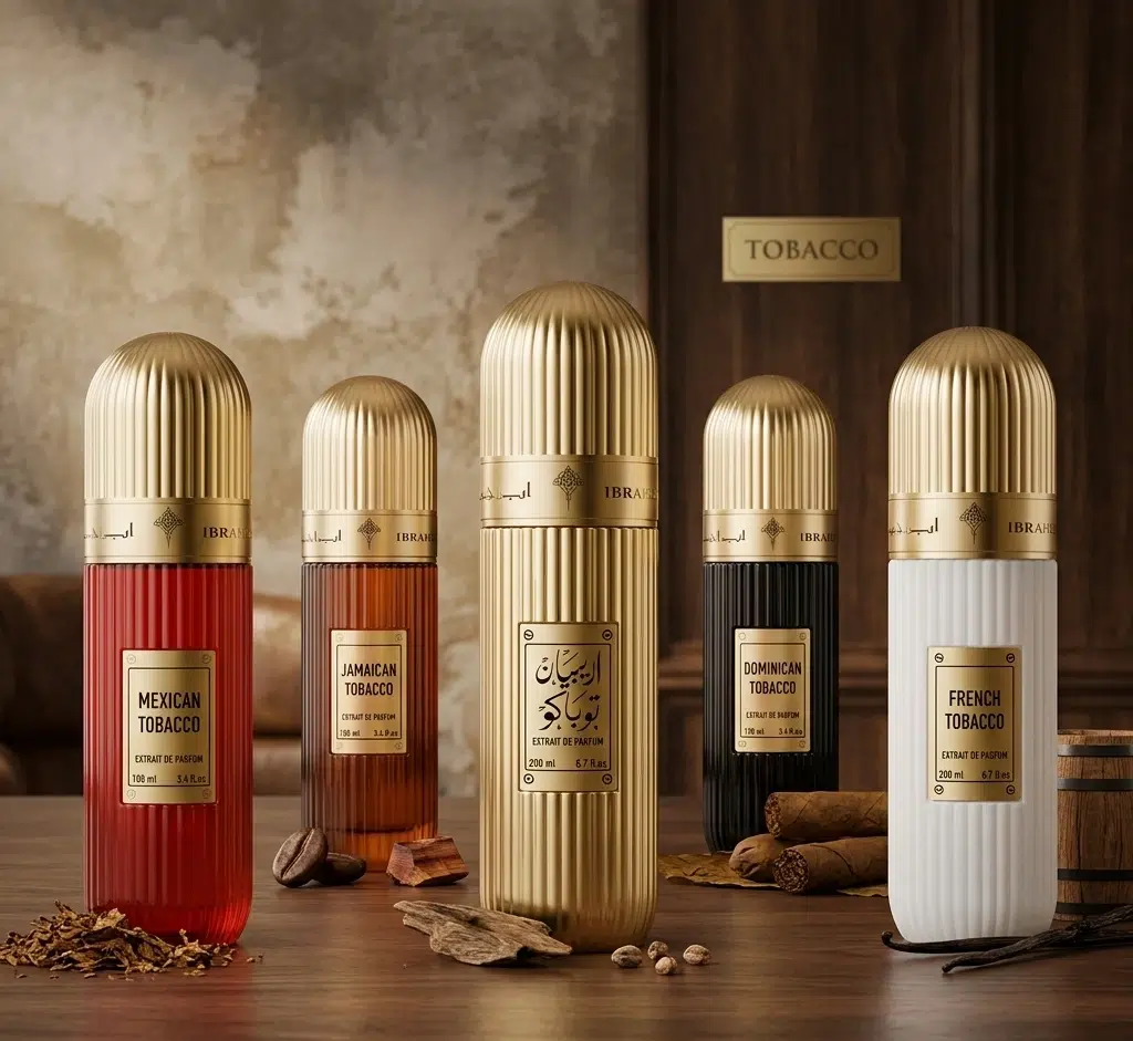 Cinq flacons de parfum dorés et colorés posés sur une table en bois sombre.