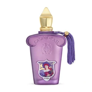Bouteille de parfum violette sculptée avec un bouchon en pointe doré.