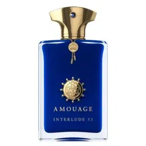 Flacon de parfum bleu Amouage Interlude 53 avec un bouchon doré orné.