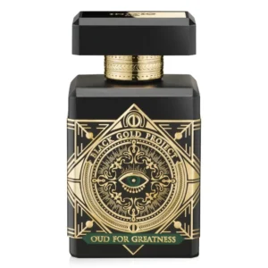 Flacon noir mystique avec des motifs géométriques dorés et un œil central.