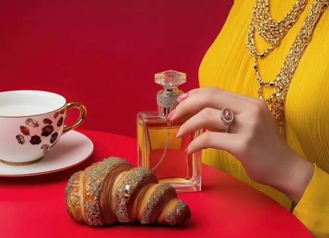 Une main tenant un parfum près d'un croissant et d'une tasse de café.