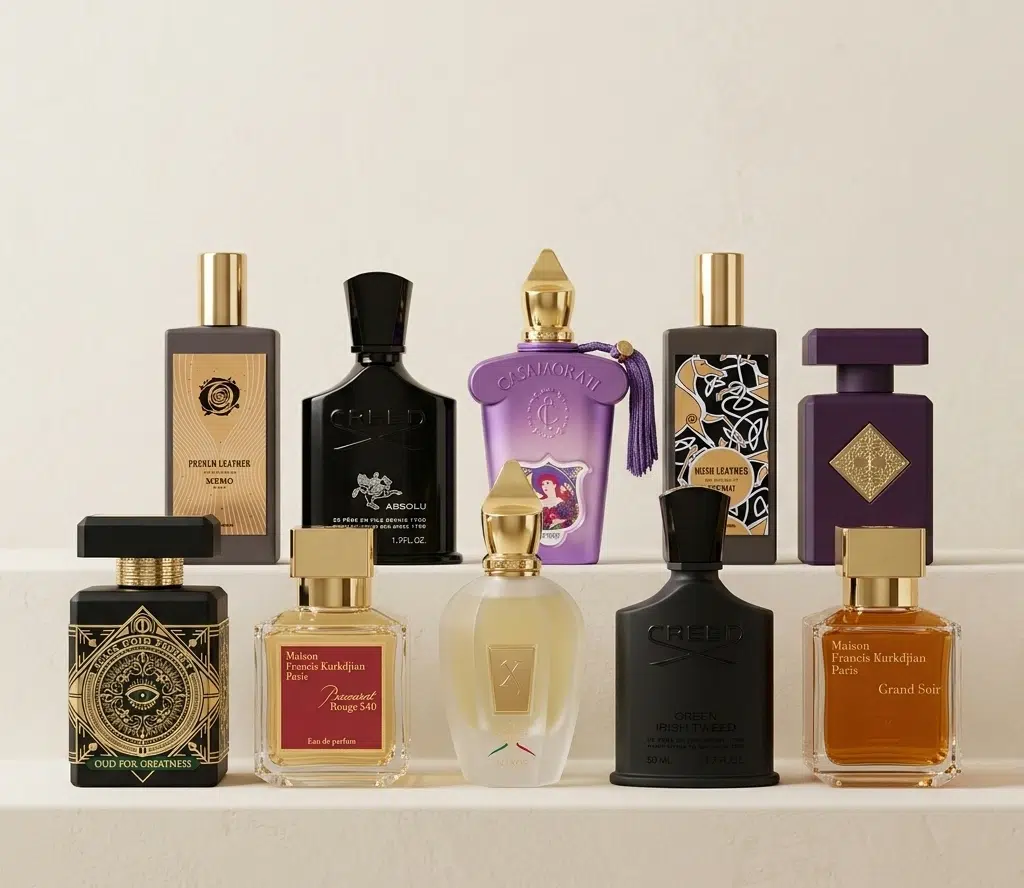 Une collection de flacons de luxe sur deux niveaux de marches épurées.