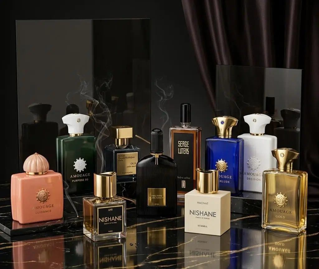 Groupe de flacons de parfums de luxe Amouage, Nishane et Serge Lutens alignés