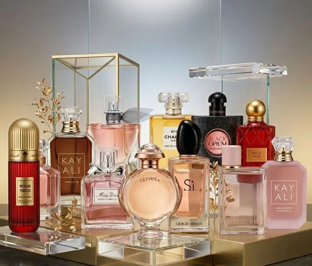 Collection des parfums de luxe disposé sur des socles en verre et en métal