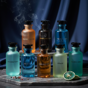 8 flacons de parfum Louis Vuitton disposés sur un socle en marbre gris.