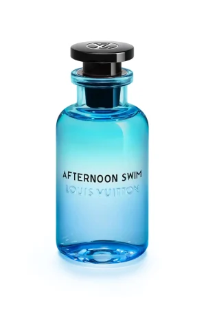 Parfum Louis Vuitton Afternoon Swim dans un flacon au bleu azur intense.