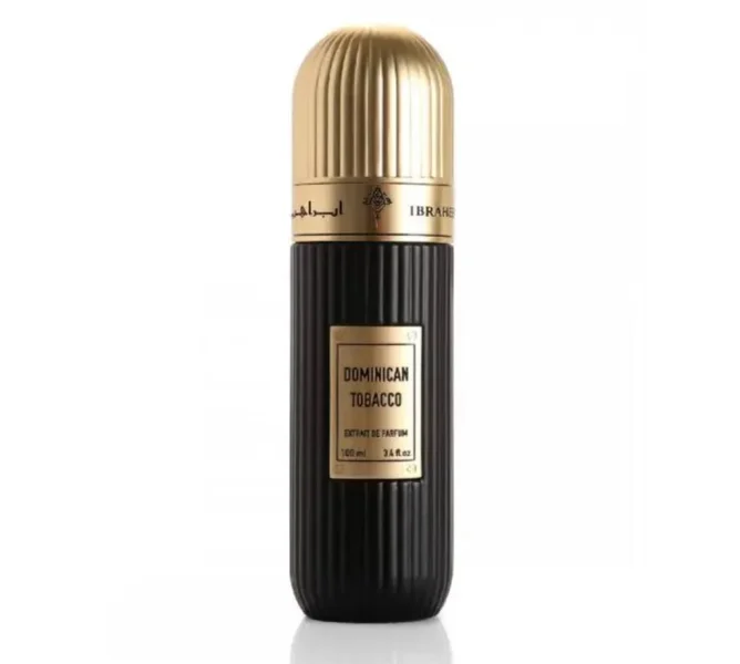 Le flacon de parfum Dominican Tobacco noir strié avec son bouchon doré.