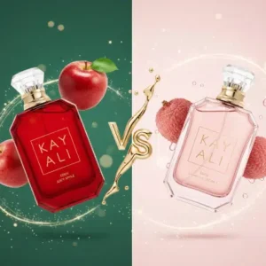 Duel entre les parfums Kayali Juicy Apple et Sparkling Lychee entourés de fruits frais.