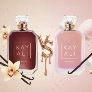 Comparaison des parfums Kayali Vanilla 28 et Vanilla Candy avec gousses de vanille et sucre.