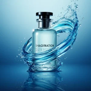 Flacon Louis Vuitton Imagination entouré d'un tourbillon d'eau bleue vive.