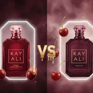 Comparaison des parfums Kayali Vanilla 28 et Vanilla Candy avec gousses de vanille et sucre.