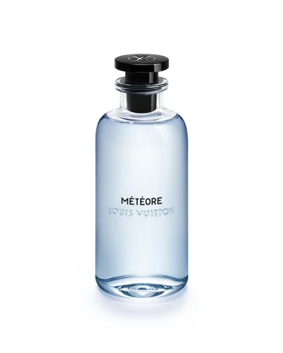 Flacon Louis Vuitton Météore contenant un parfum de couleur bleu givré.