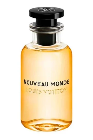 Flacon Louis Vuitton Nouveau Monde rempli d'un jus de couleur orangée.