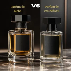 Comparaison de deux flacons de parfum sur un comptoir en marbre luxueux.