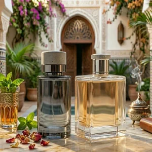 Deux flacons de parfum sur une table marocaine avec thé à la menthe et fleurs.