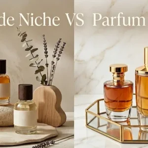 Comparaison flacons parfum de niche vs luxe sur fond élégant.