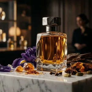 Un flacon de parfum luxueux entouré d'iris, d'épices et de bois sur du marbre.