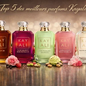 5 flacons colorés entourés de vanille, roses et pistaches sur un fond doré festif, luxe et gourmandise.
