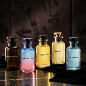5 flacons de parfum Louis Vuitton alignés sur une table en marbre sombre